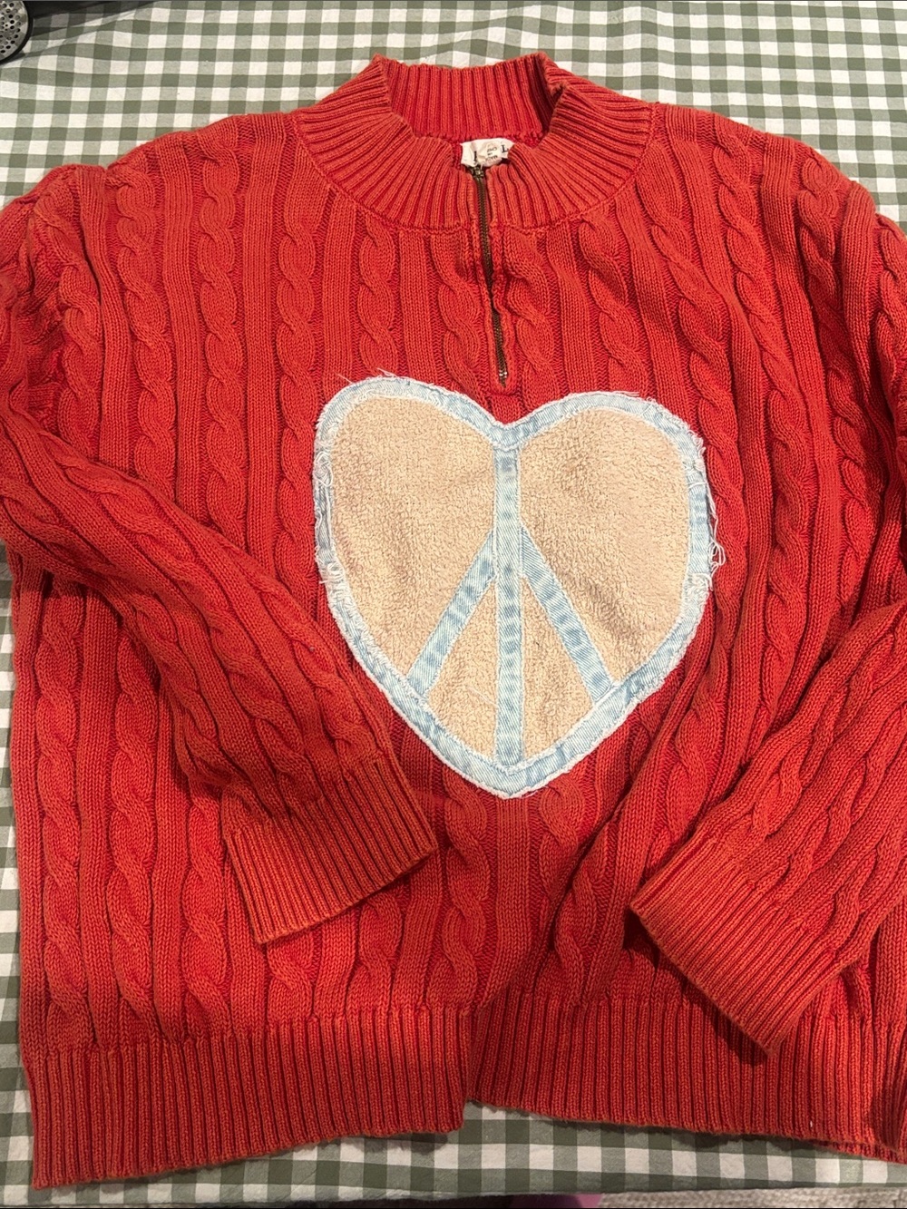 Orange POL Cable-Knit Zip Mockneck Sweater with Heart Peace Patch